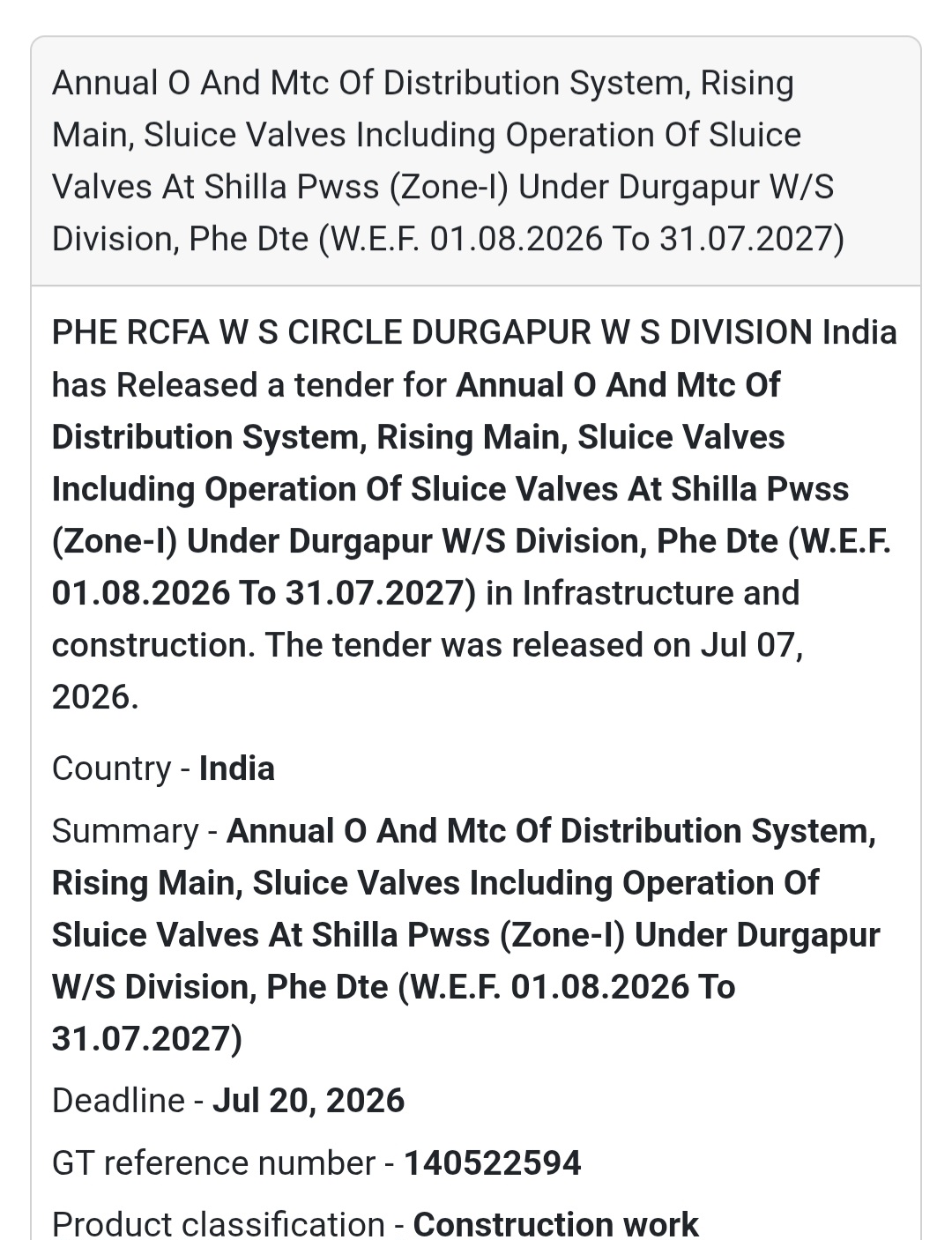 🚰 Annual Operation & Maintenance of Water Supply System – Shilla PWSS (Zone-I), Durgapur (West Bengal)
