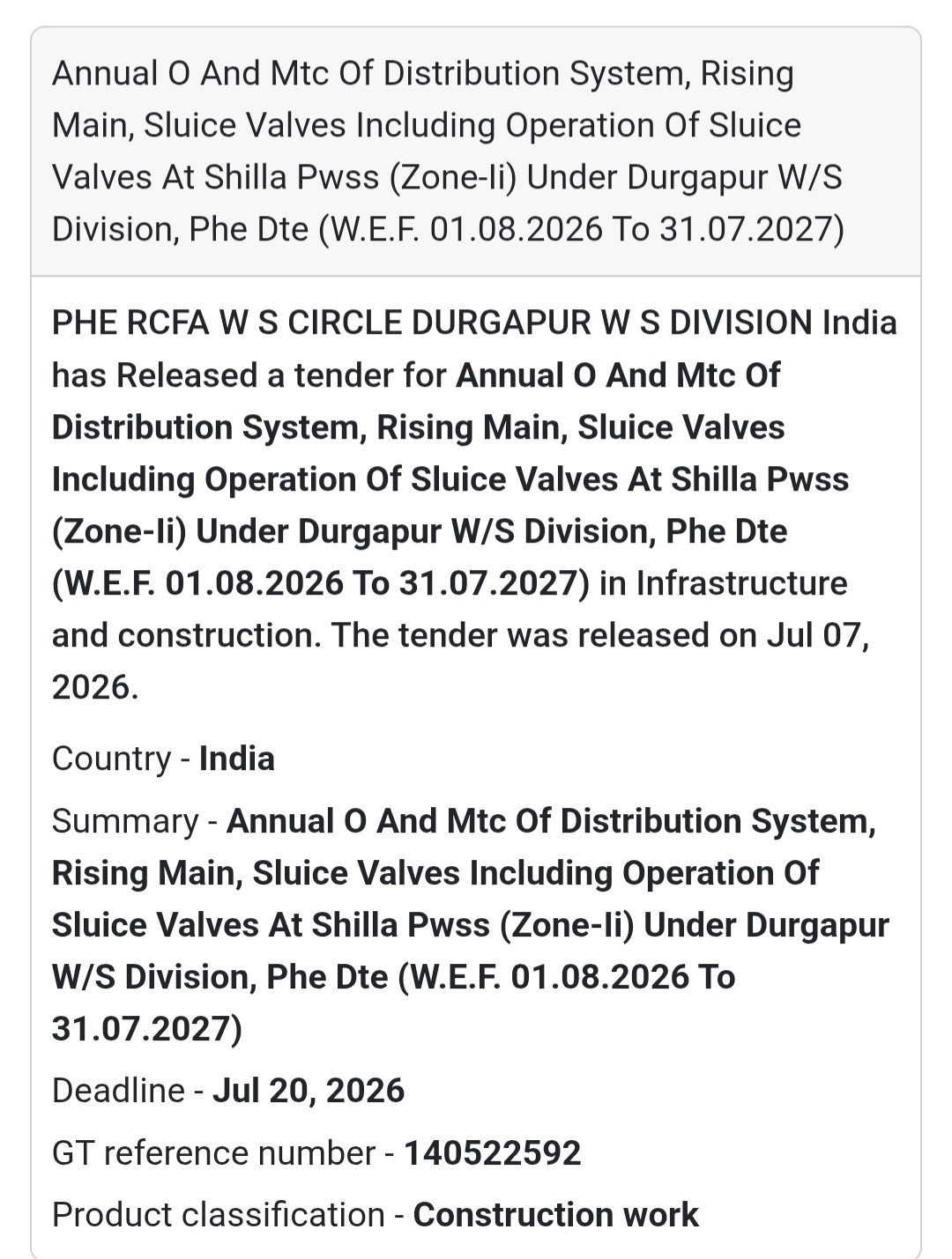 🚰 Annual Operation & Maintenance of Water Supply System – Shilla PWSS (Zone-II), Durgapur (West Bengal)