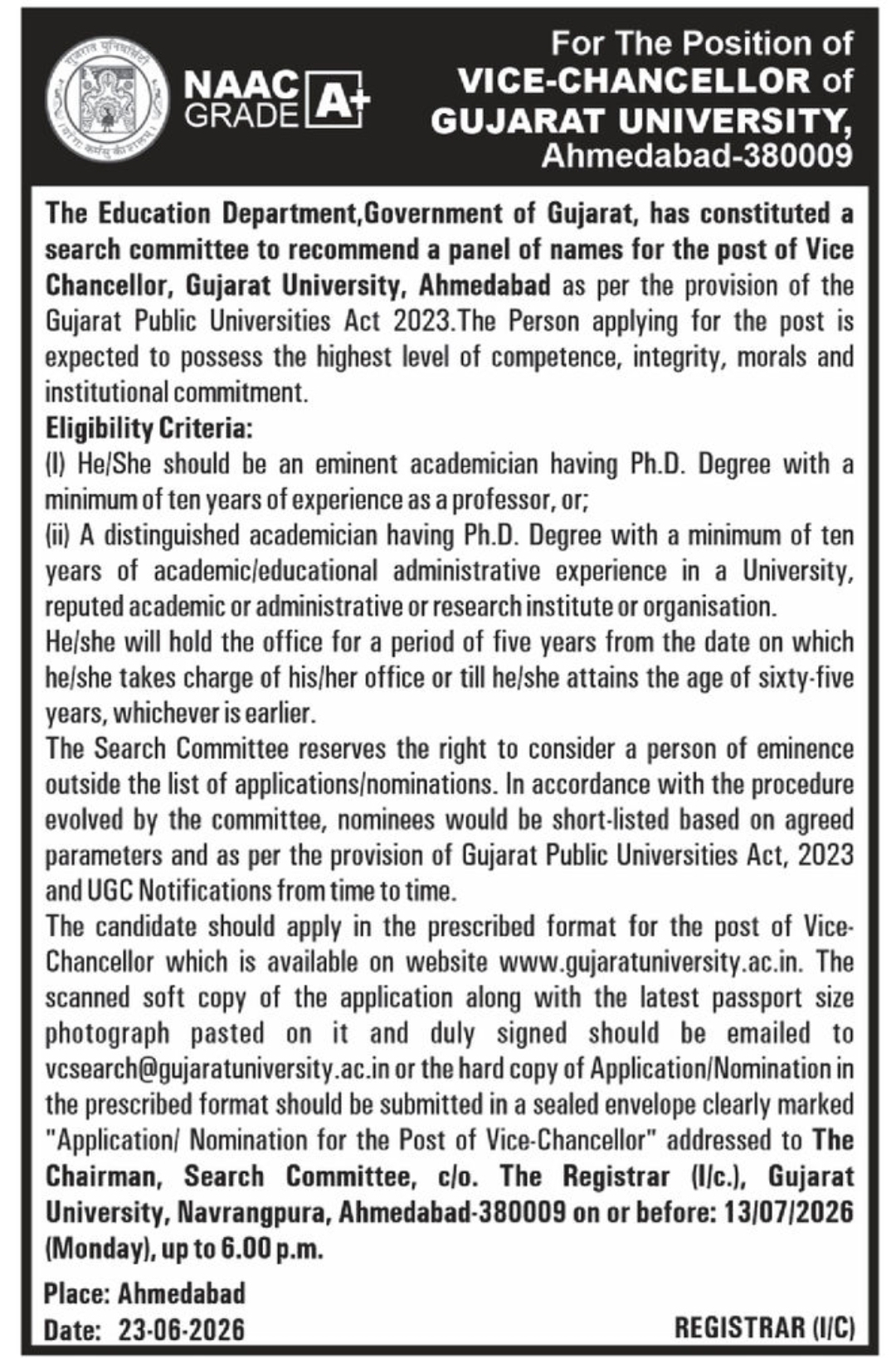 🎓 Applications Invited – Vice Chancellor, Gujarat University