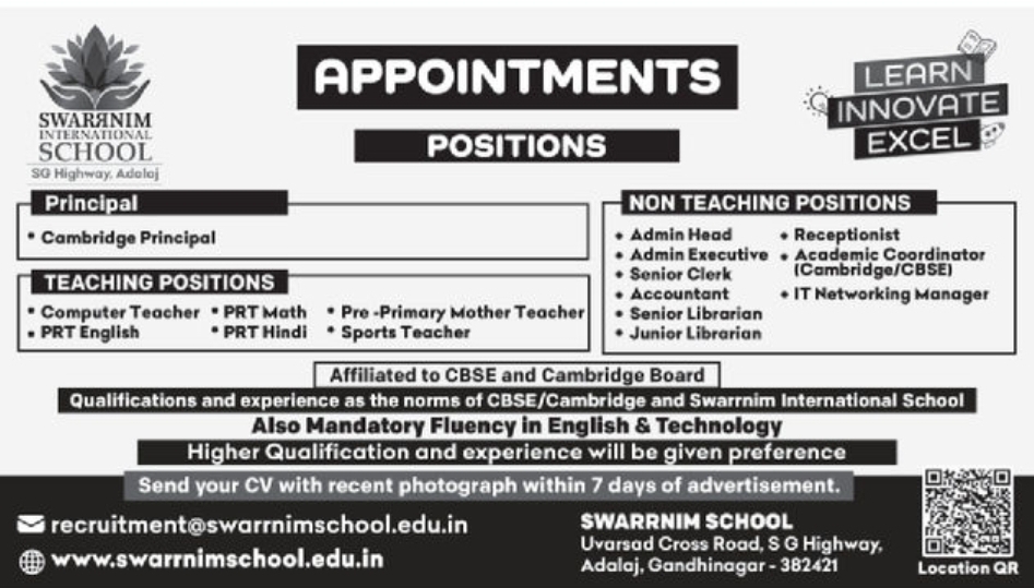 🏫 Appointments Open – Swarrnim International School