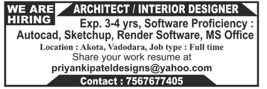 🏗️ Architect / Interior Designer Hiring | 📍Location: Akota, Vadodara