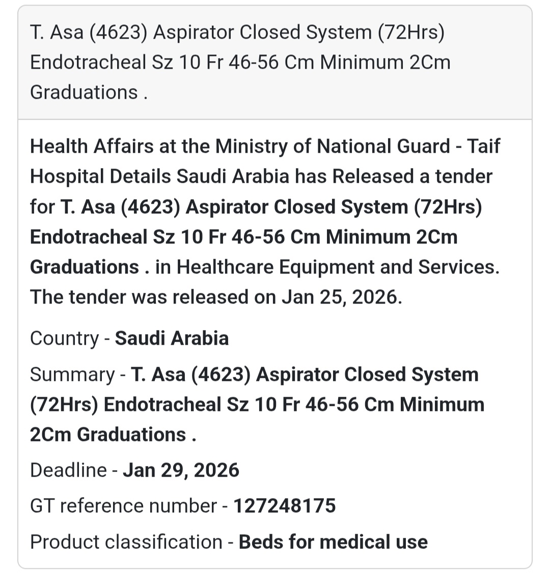 🏥 Aspirator Closed System – Taif Hospital