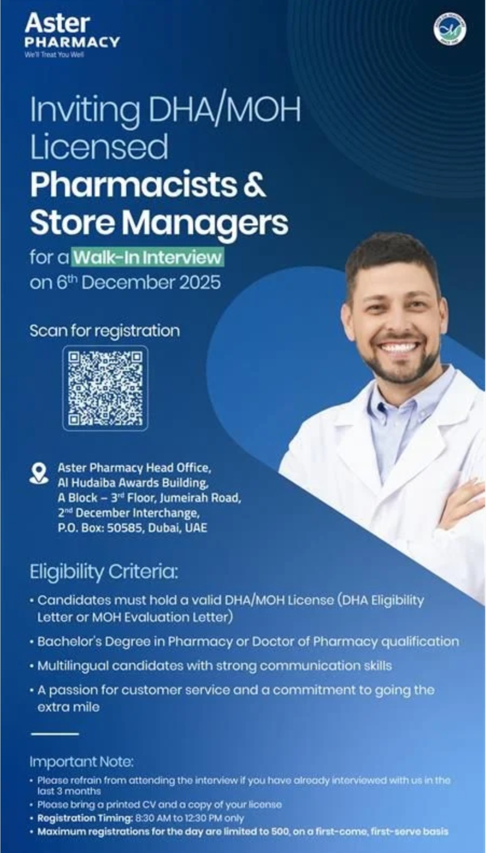💊 Aster Pharmacy Walk-In Interview – DHA/MOH Licensed Pharmacists & Store Managers | Dubai