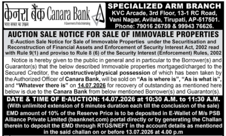 📢 Auction Sale Notice – Canara Bank