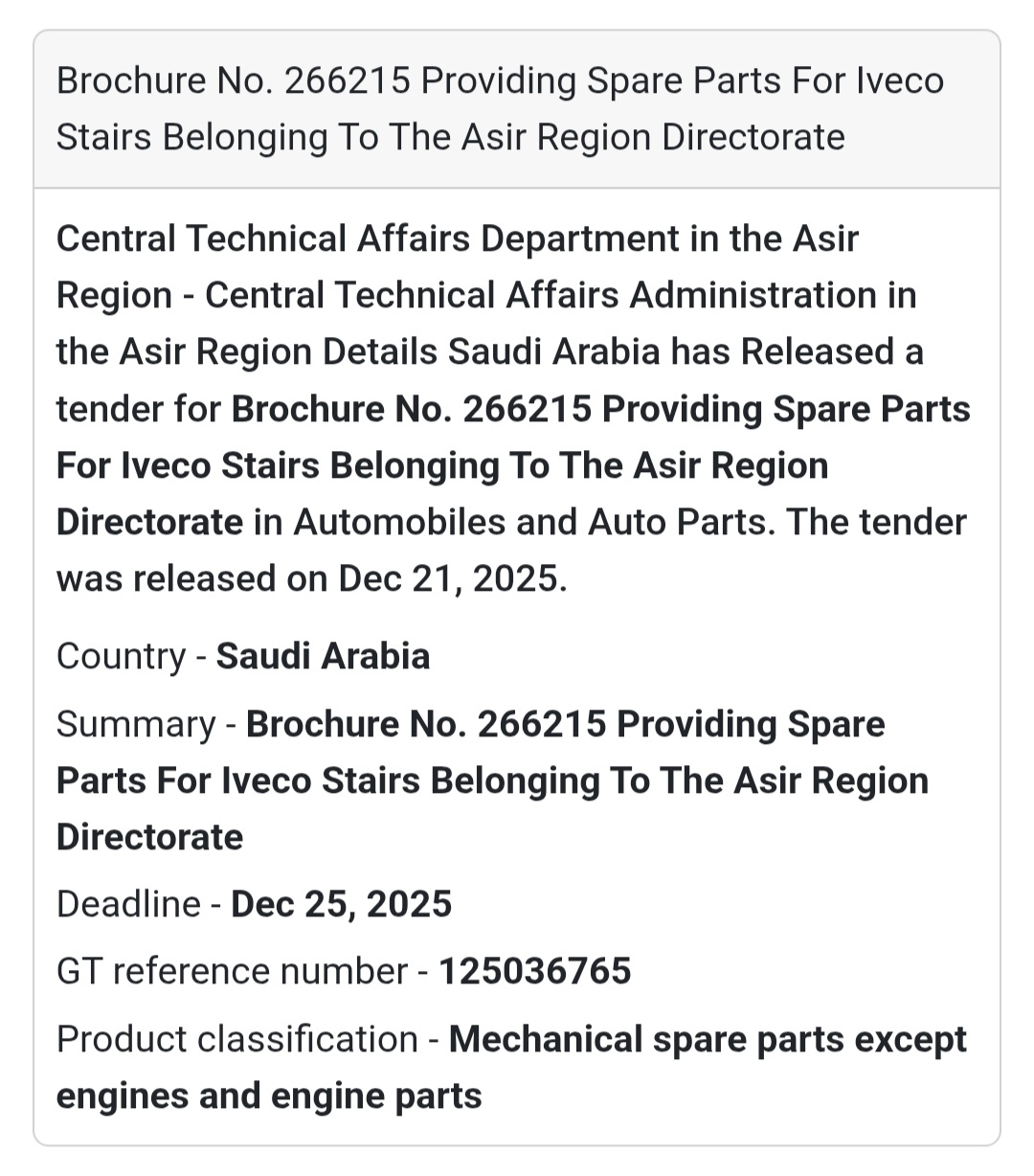 🚚 Auto Spare Parts Tender – Saudi Arabia