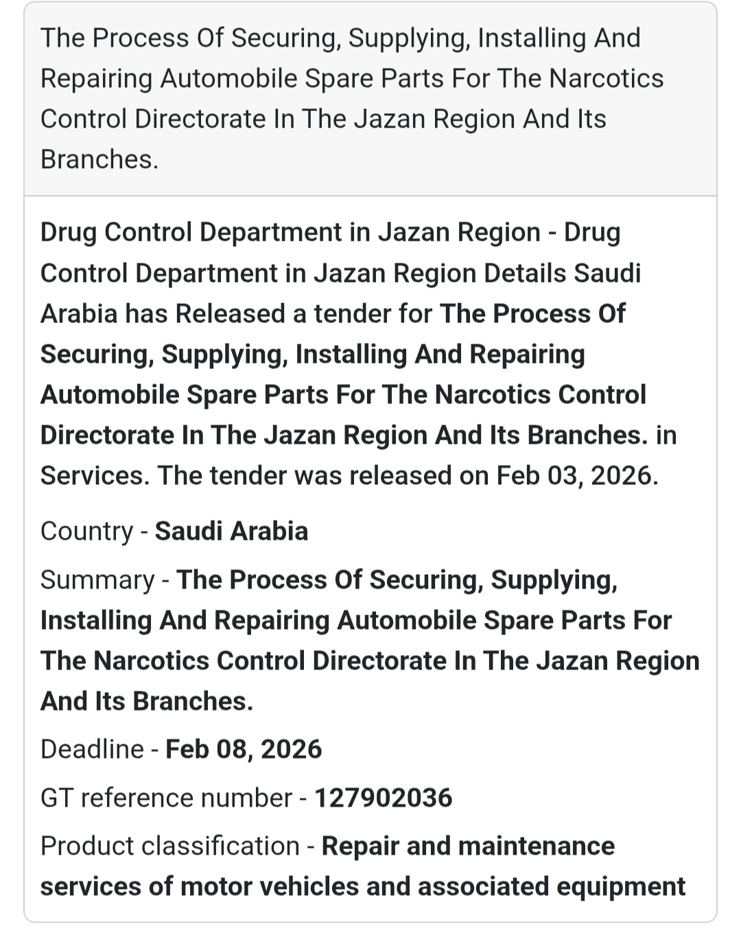 🚗 Automobile Spare Parts – Narcotics Control Directorate