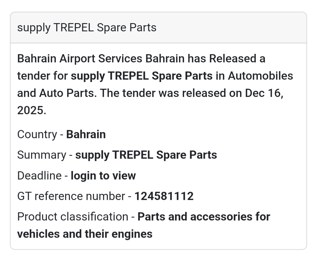 📢 Automotive Spare Parts Tender – Bahrain 🇧🇭