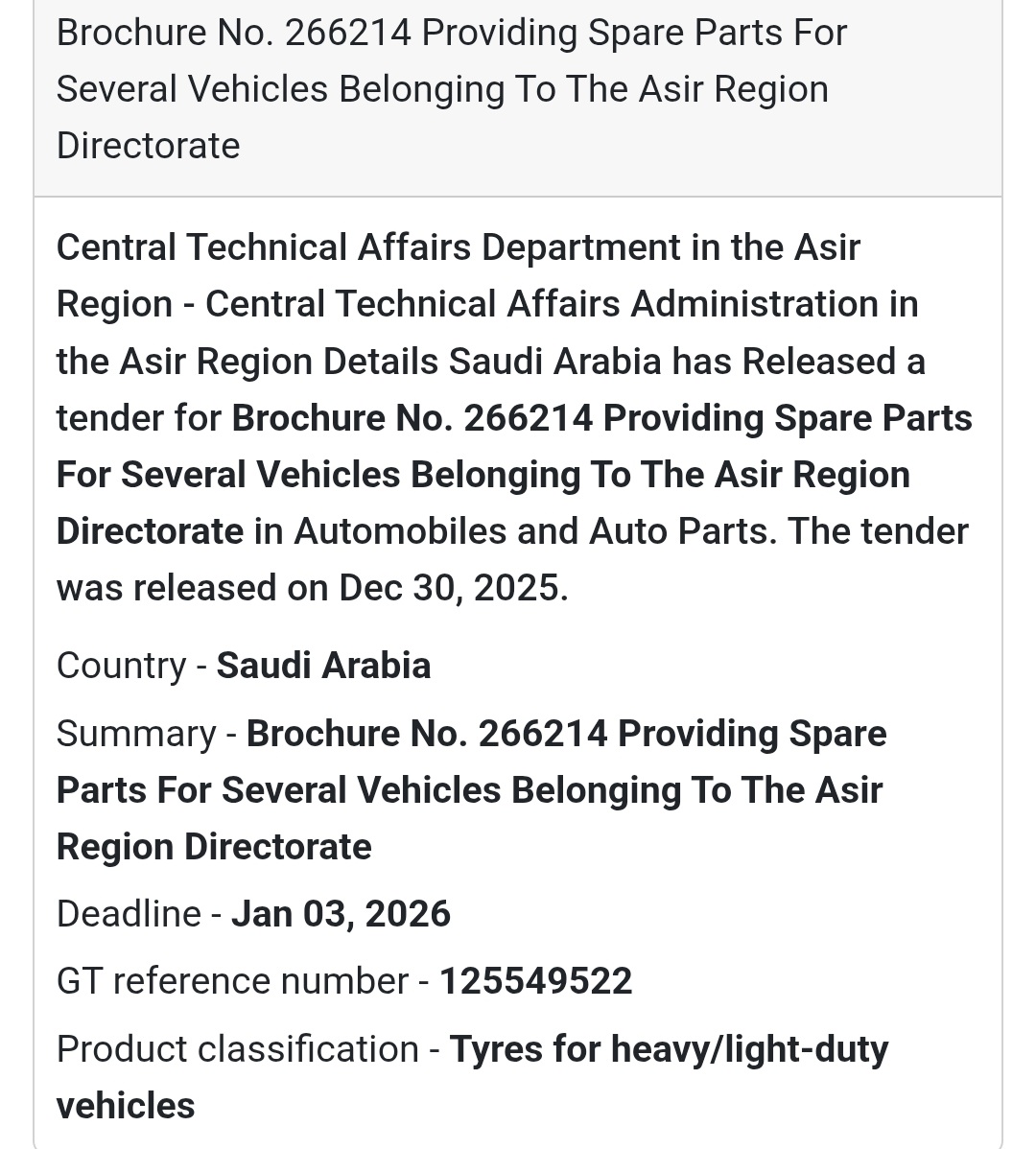 🛞 Automotive Spare Parts Tender