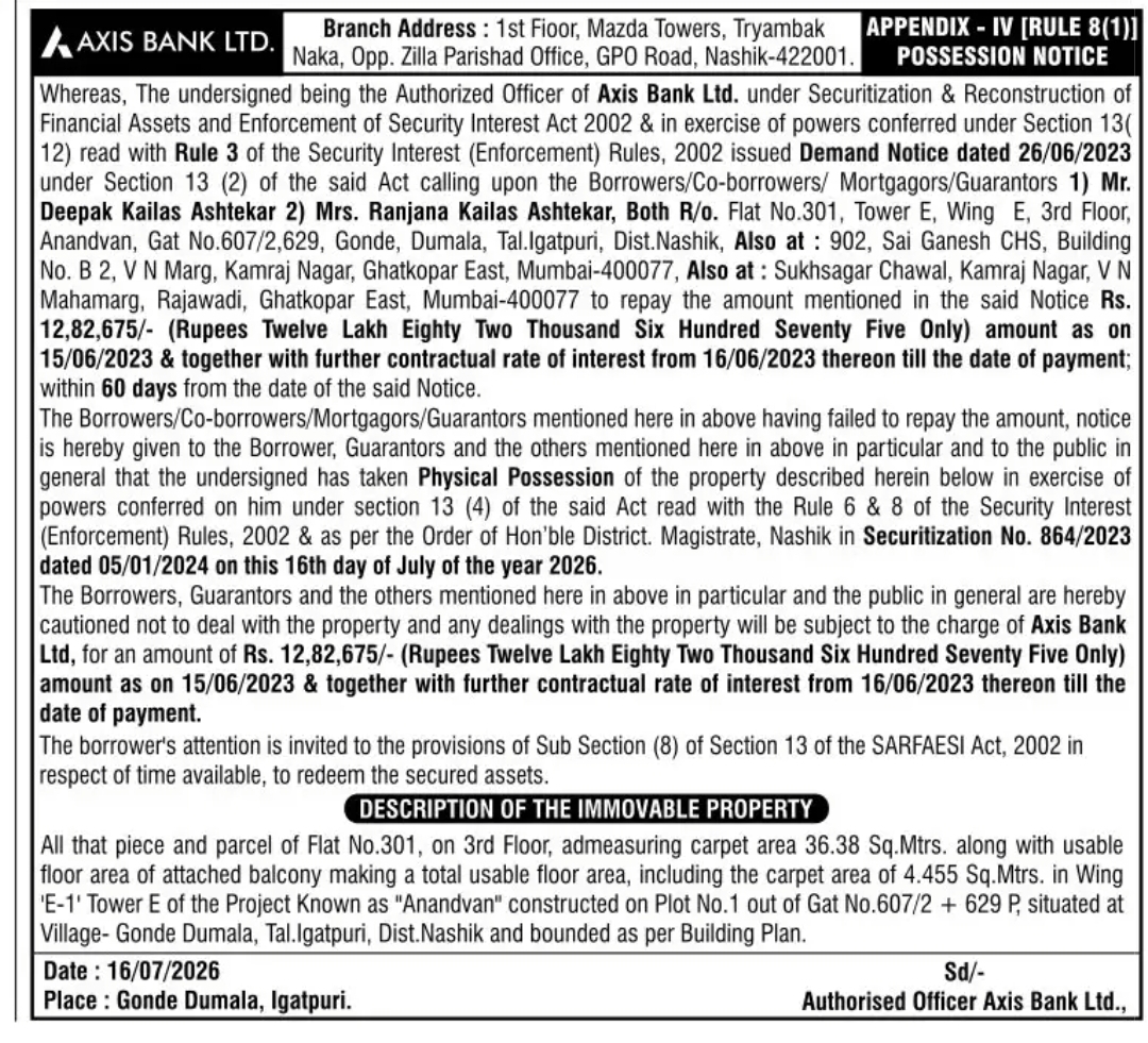 🏦 Axis Bank Possession Notice
