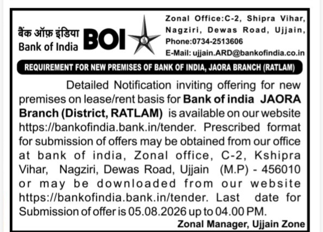 Bank of India – Requirement for New Premises