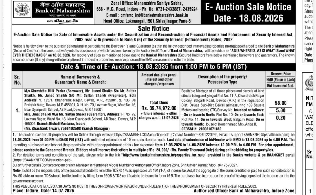 🏠 Bank of Maharashtra – E-Auction Sale Notice