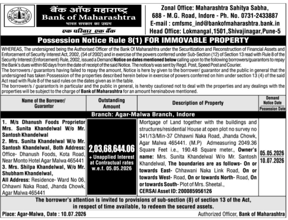🏦 Bank of Maharashtra – Possession Notice