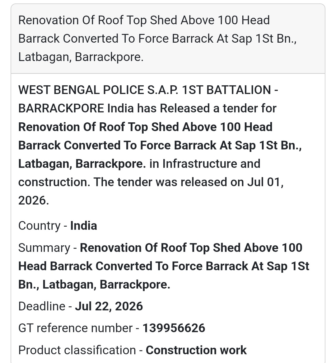 🏚️ Barrack Renovation Tender | Barrackpore, West Bengal