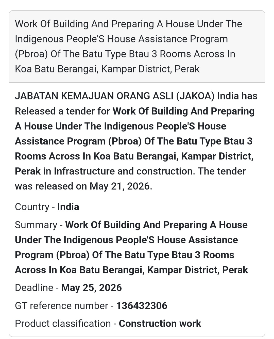 🧱 Batu Type House Construction Tender