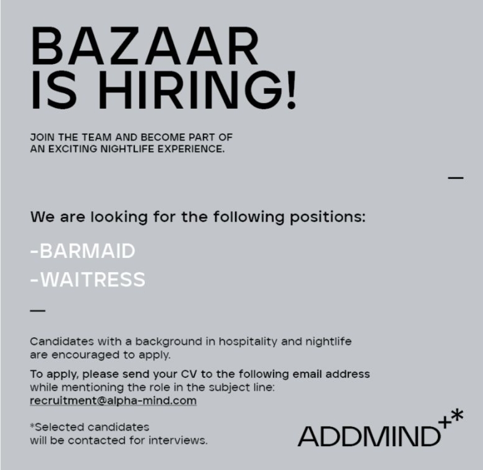 🍸 Bazaar Hiring – Barmaid & Waitress (Dubai)