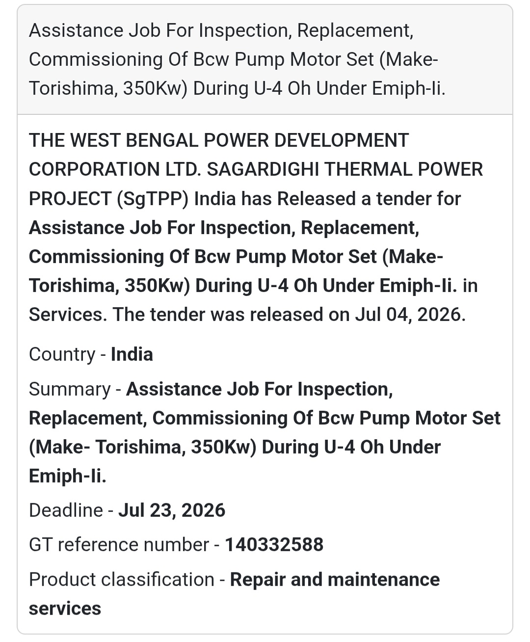 ⚙️ BCW Pump Motor Inspection & Commissioning Tender | Sagardighi Thermal Power Project 📍