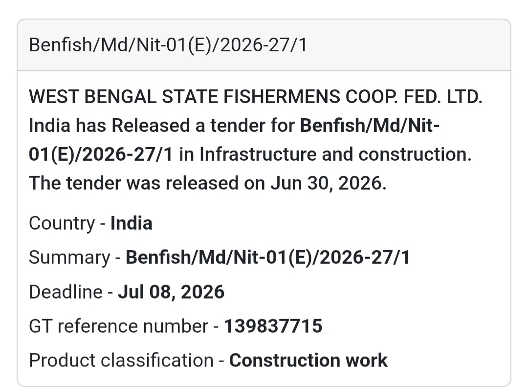 📢 Benfish/Md/Nit-01(E)/2026-27/1 | West Bengal State Fishermen's Cooperative Federation
