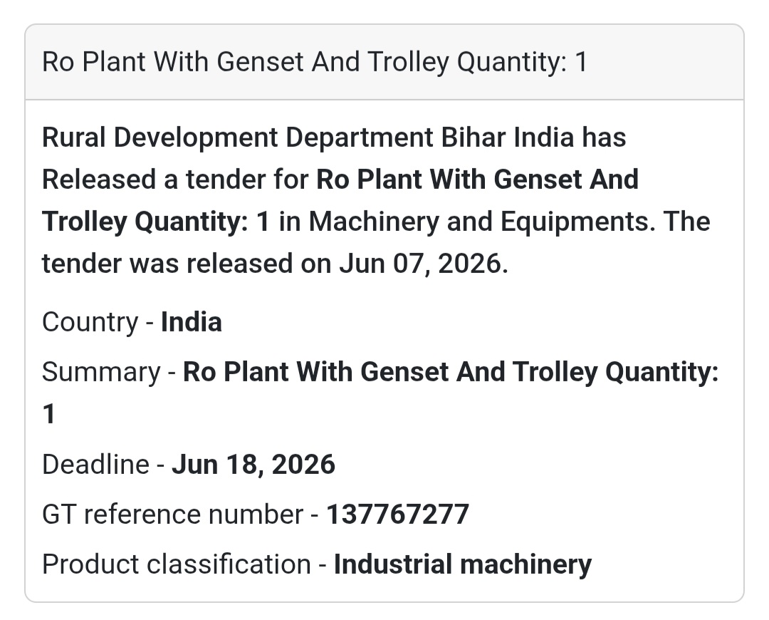 📍 Bihar, India | RO Plant with Genset and Trolley 🚰 Tender Alert – Rural