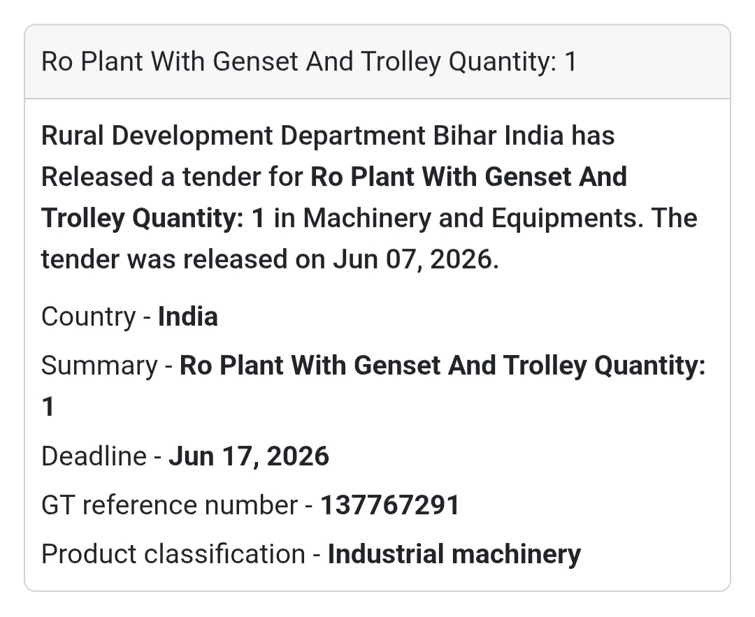 📍 Bihar, India | RO Plant with Genset and Trolley 🚰 Tender Alert – Rural