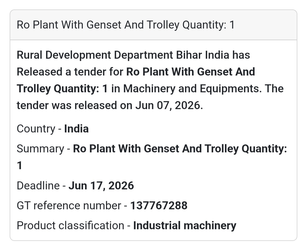 📍 Bihar, India | RO Plant with Genset and Trolley 🚰 Tender Alert – Rural