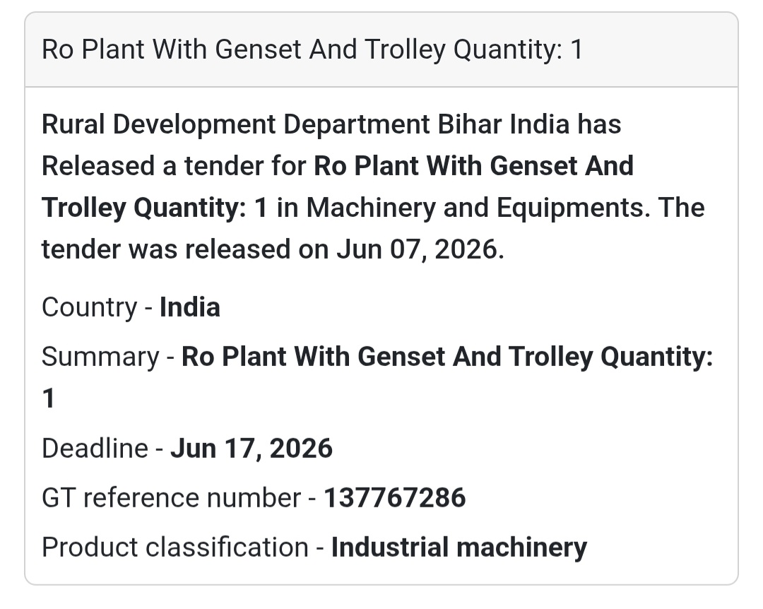📍 Bihar, India | RO Plant with Genset and Trolley 🚰 Tender Alert – Rural