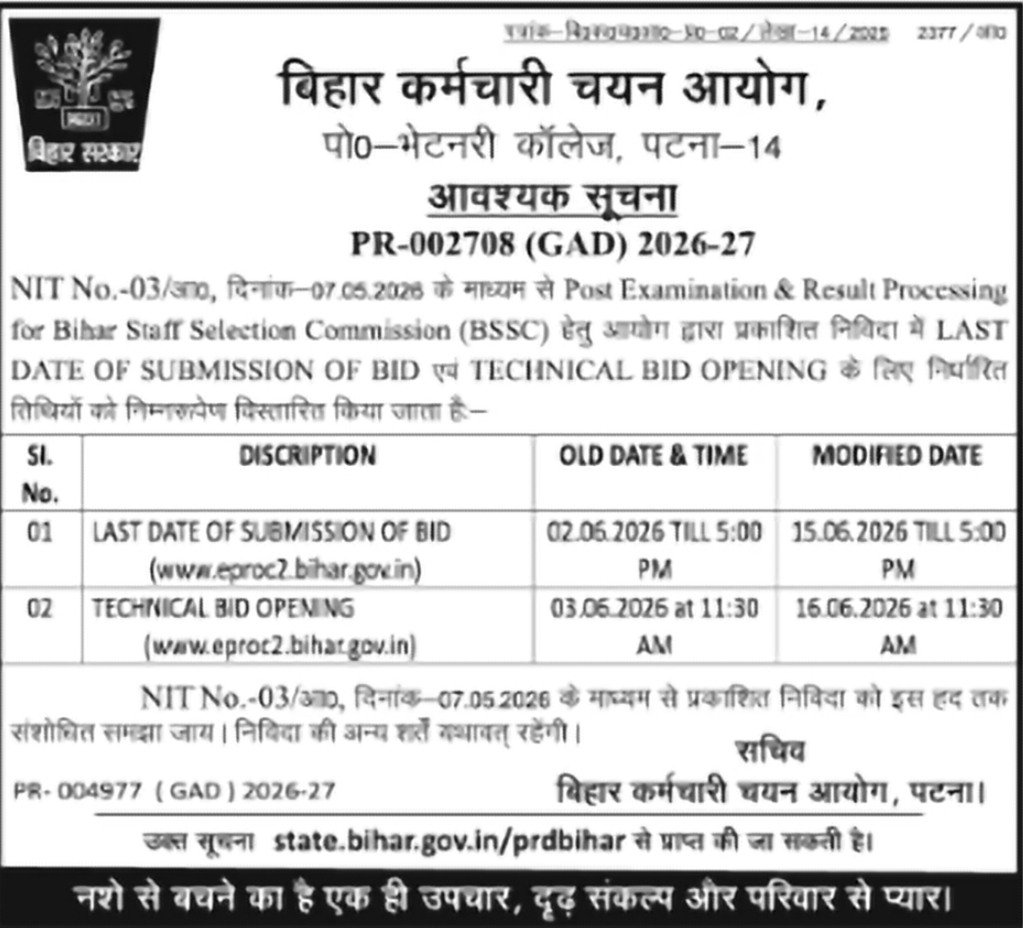 📝 Bihar Staff Selection Commission (BSSC) – Tender Extension Notice