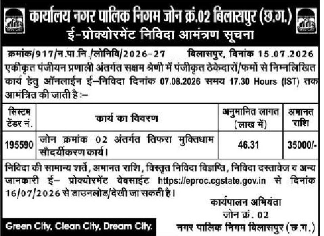📢 Bilaspur Municipal Corporation – E-Tender Notice