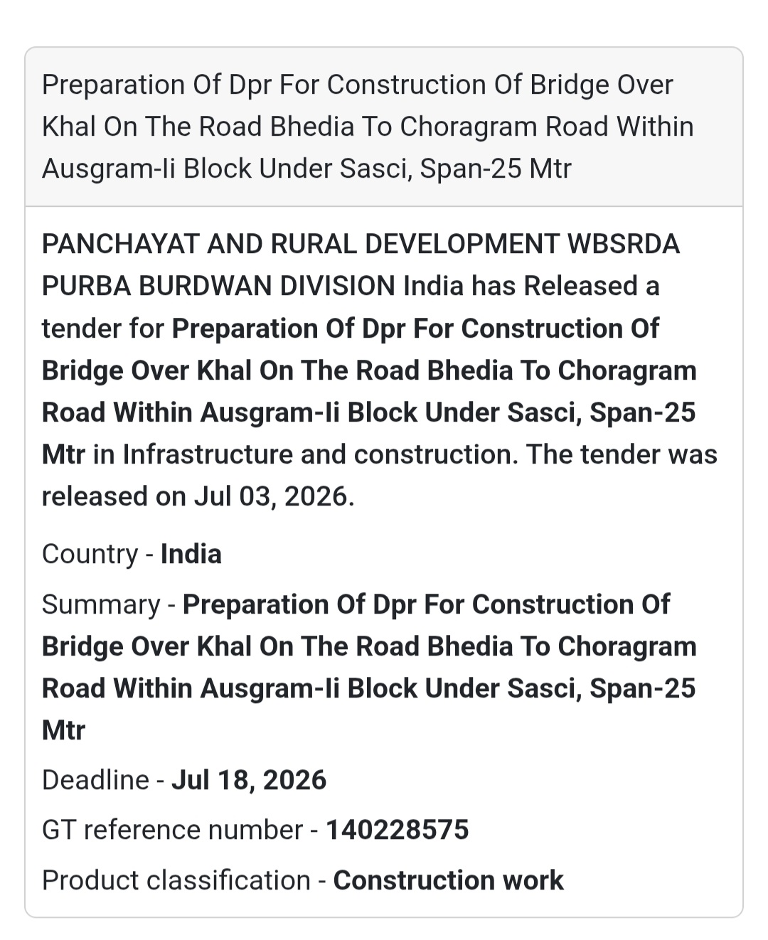 🌉 Bridge DPR Preparation Tender – Purba Bardhaman, West Bengal📢 New Tender Alert!