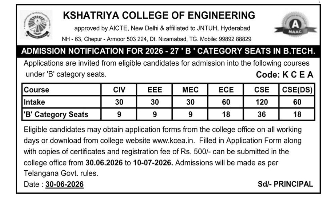 🎓 B.Tech B-Category Admissions – Kshatriya College of Engineering