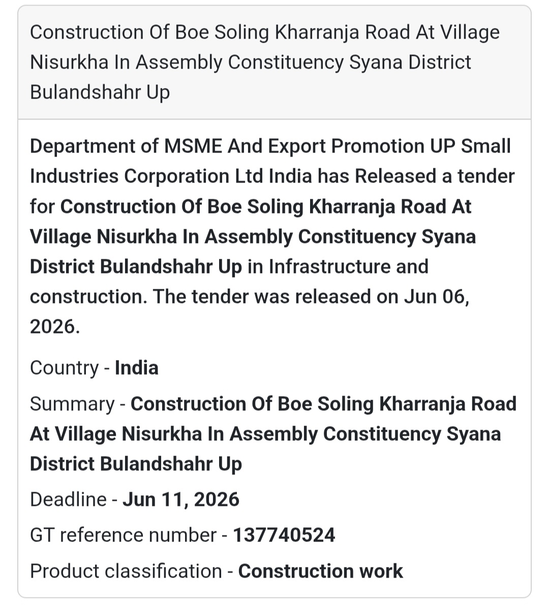 Bulandshahr, Uttar Pradesh | BOE Soling Kharranja Road Construction