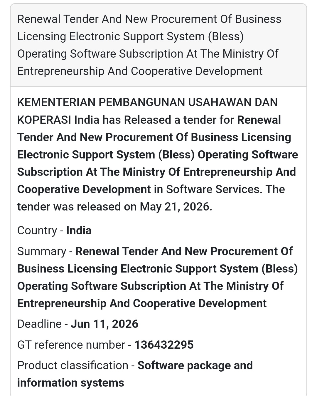 💼 Business Licensing Software Subscription Tender