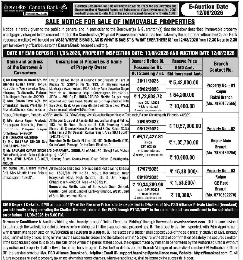 🏦 Canara Bank E-Auction Notice | 📍Location: Raipur