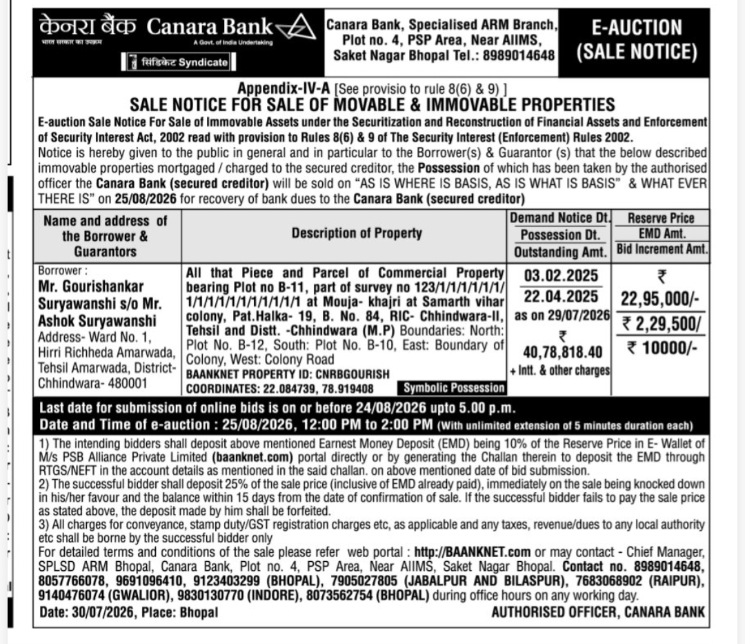 🏦 Canara Bank E-Auction Sale Notice – Bhopal