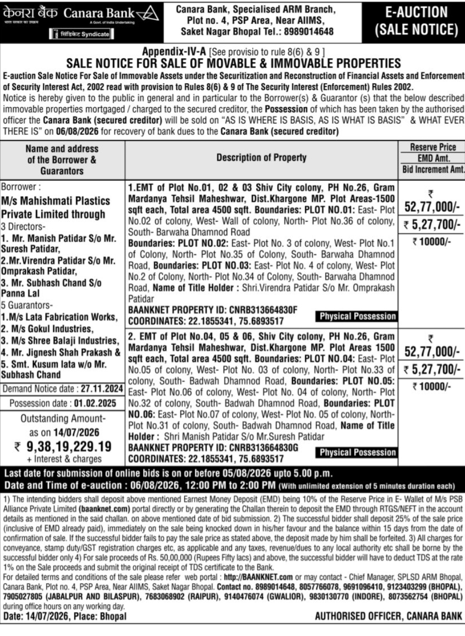 Canara Bank – E-Auction Sale Notice🏦 E-Auction Sale Notice
