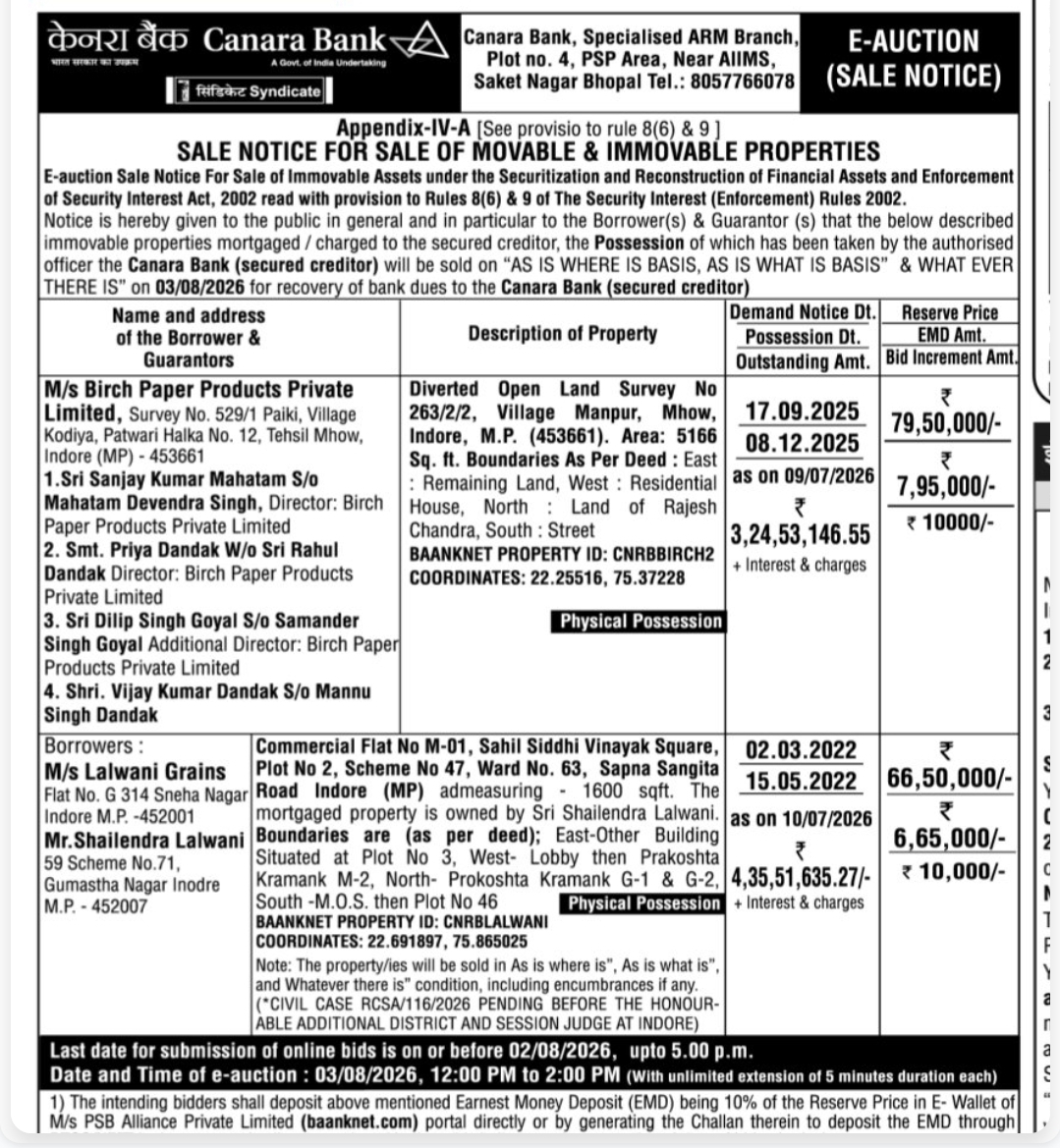 🔨 Canara Bank – E-Auction Sale Notice