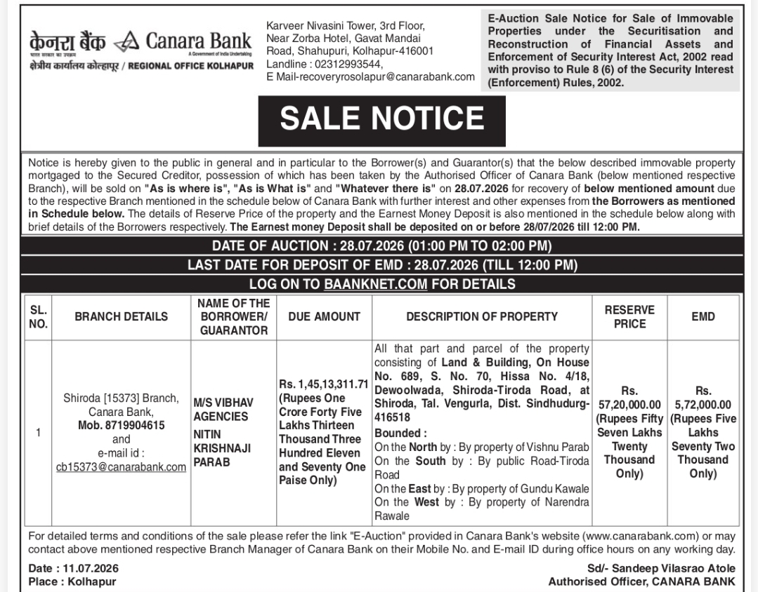 🏦 Canara Bank – E-Auction Sale Notice