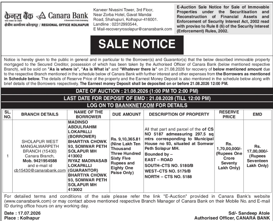 🏦 Canara Bank E-Auction Sale Notice