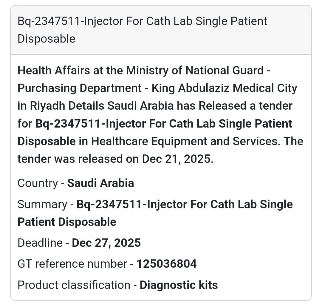 🧪 Cath Lab Disposable Tender – Saudi Arabia