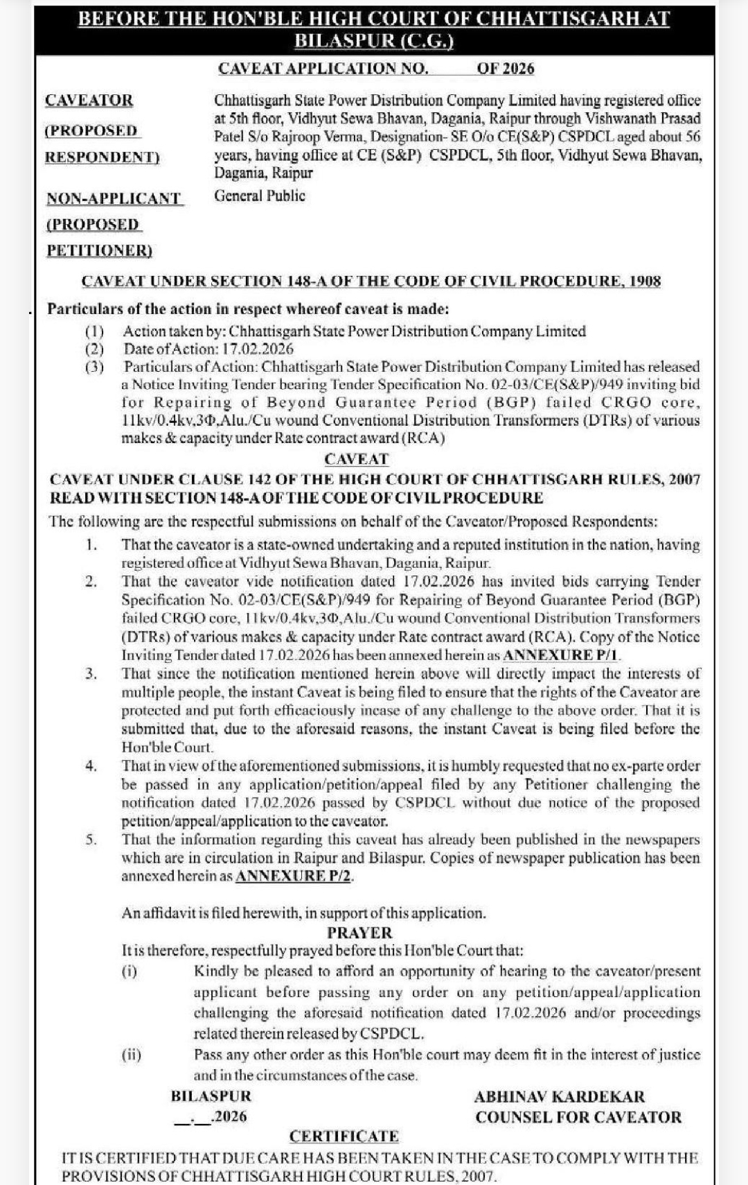 ⚖️ Caveat Application Before High Court of Chhattisgarh | Bilaspur