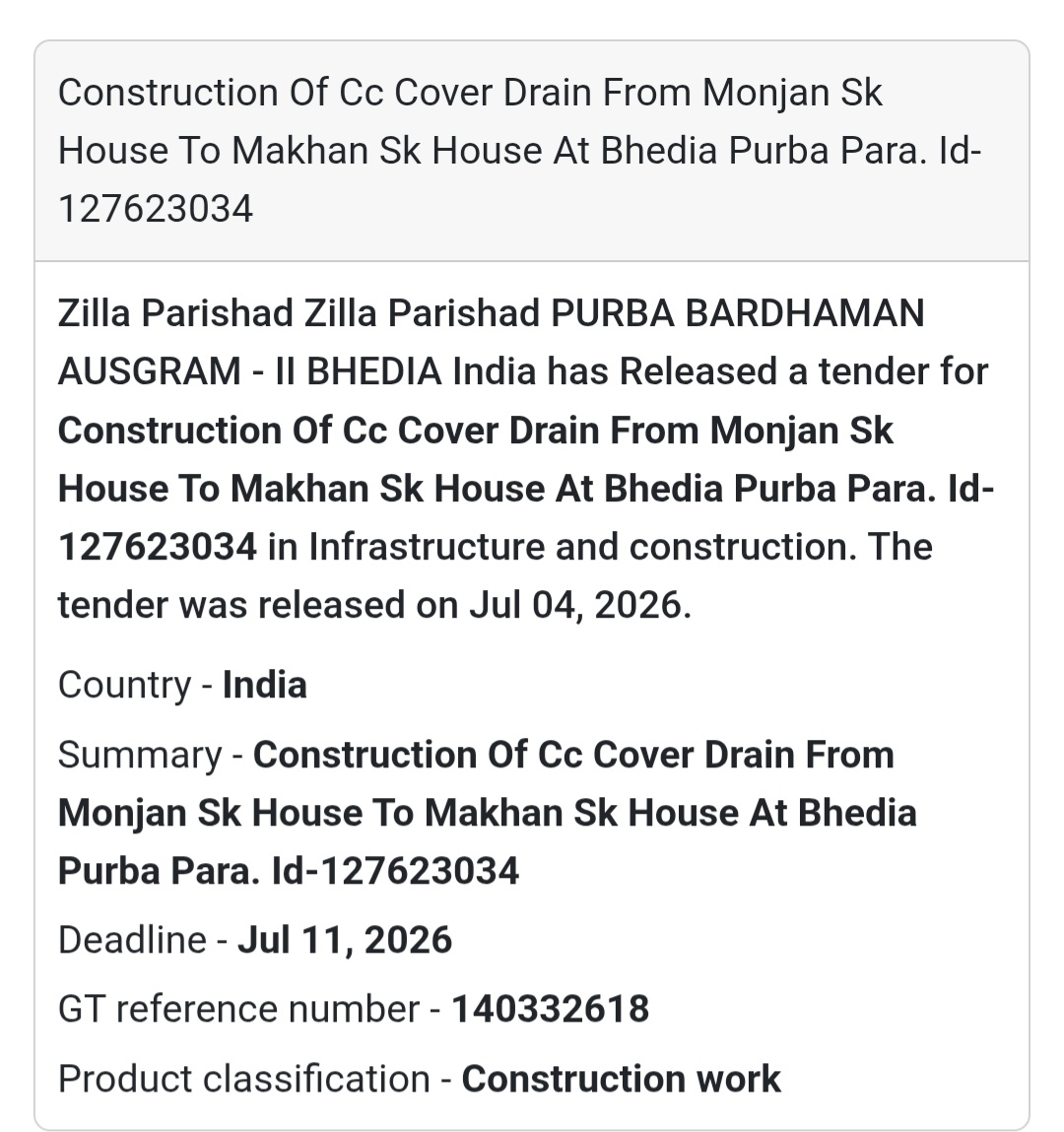 🛣️ CC Cover Drain Construction Tender | Ausgram-II 📍