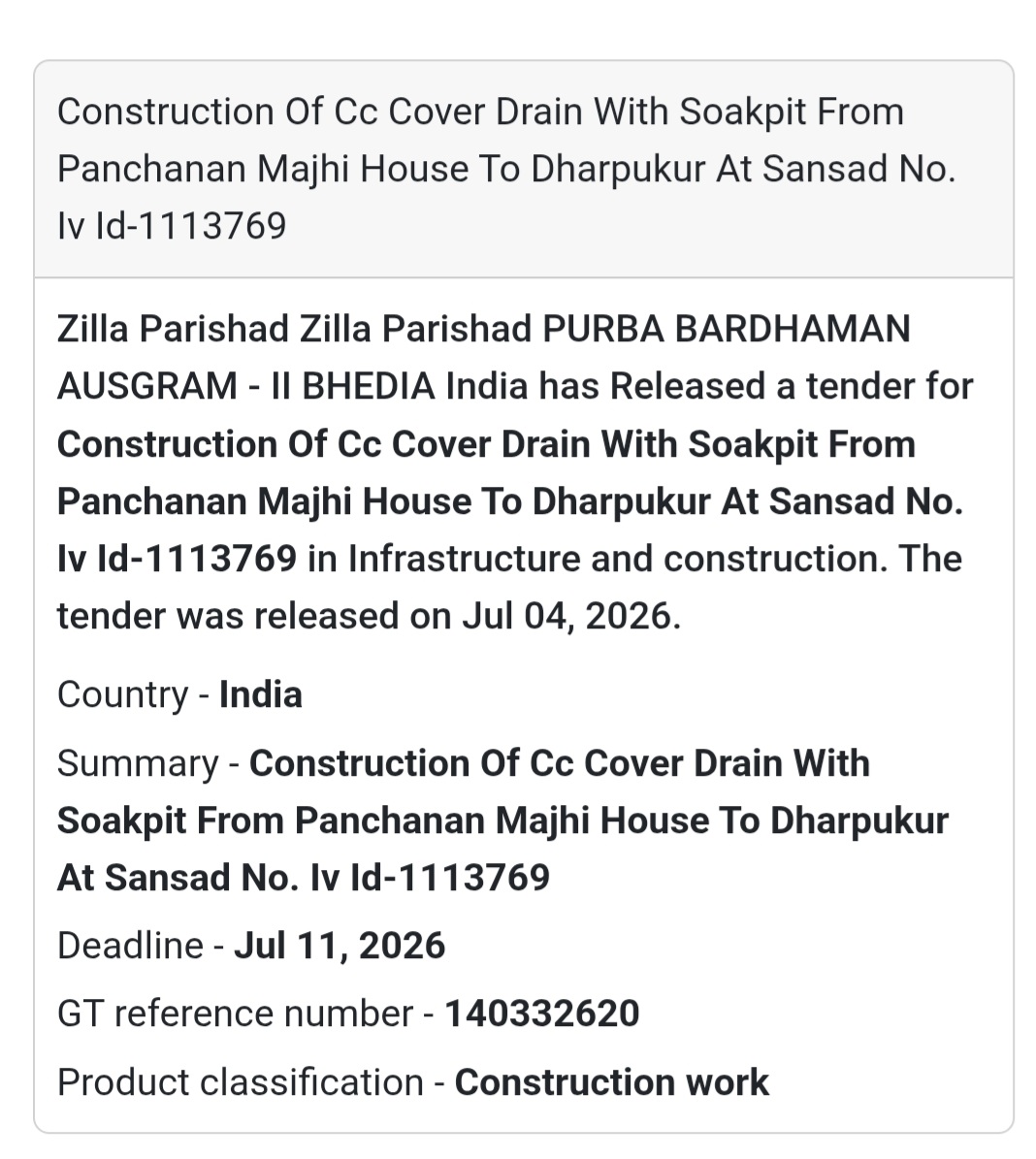 🛣️ CC Cover Drain with Soak Pit Tender | Ausgram-II 📍