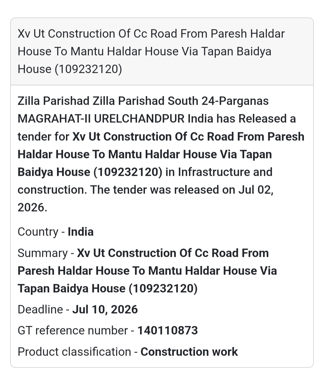 🛣️ CC Road Construction Tender (Paresh Haldar House to Mantu Haldar House) | 📍South 24 Parganas, West Bengal