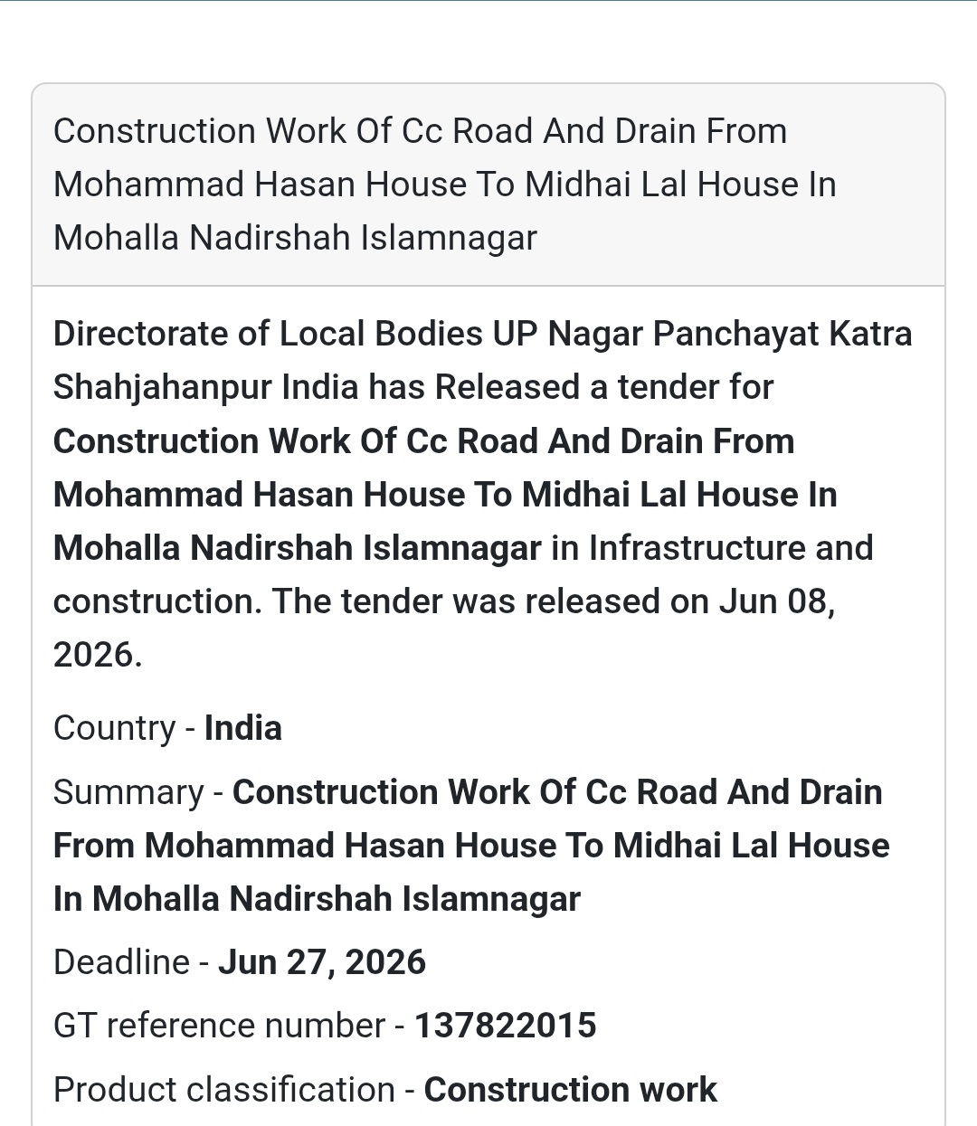 🛣️ CC Road & Drain Construction Tender | Mohalla Nadirshah Islamnagar 📍Shahjahanpur, Uttar Pradesh