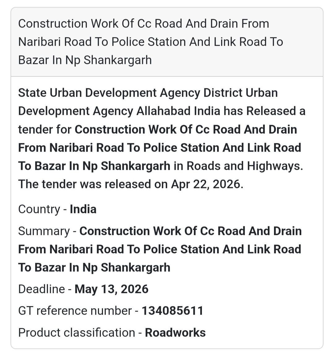 🏗️ CC Road & Drain – Shankargarh (GT 134085611)