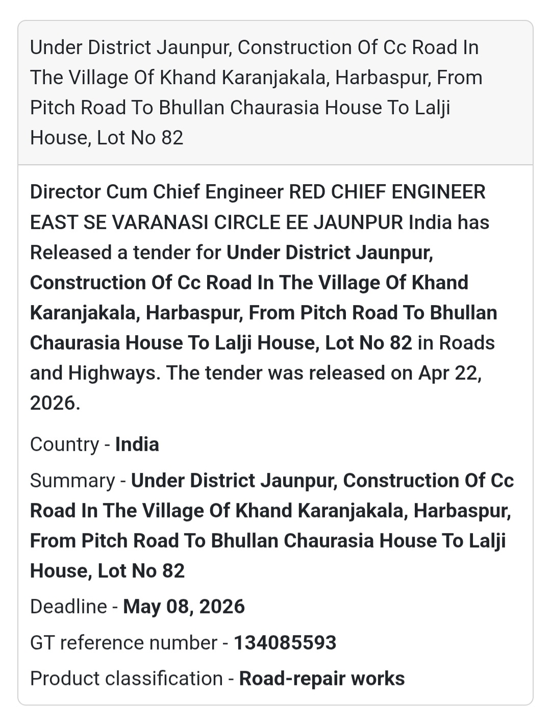 🛤️ CC Road Work – Khand Karanjakala (Lot 82)