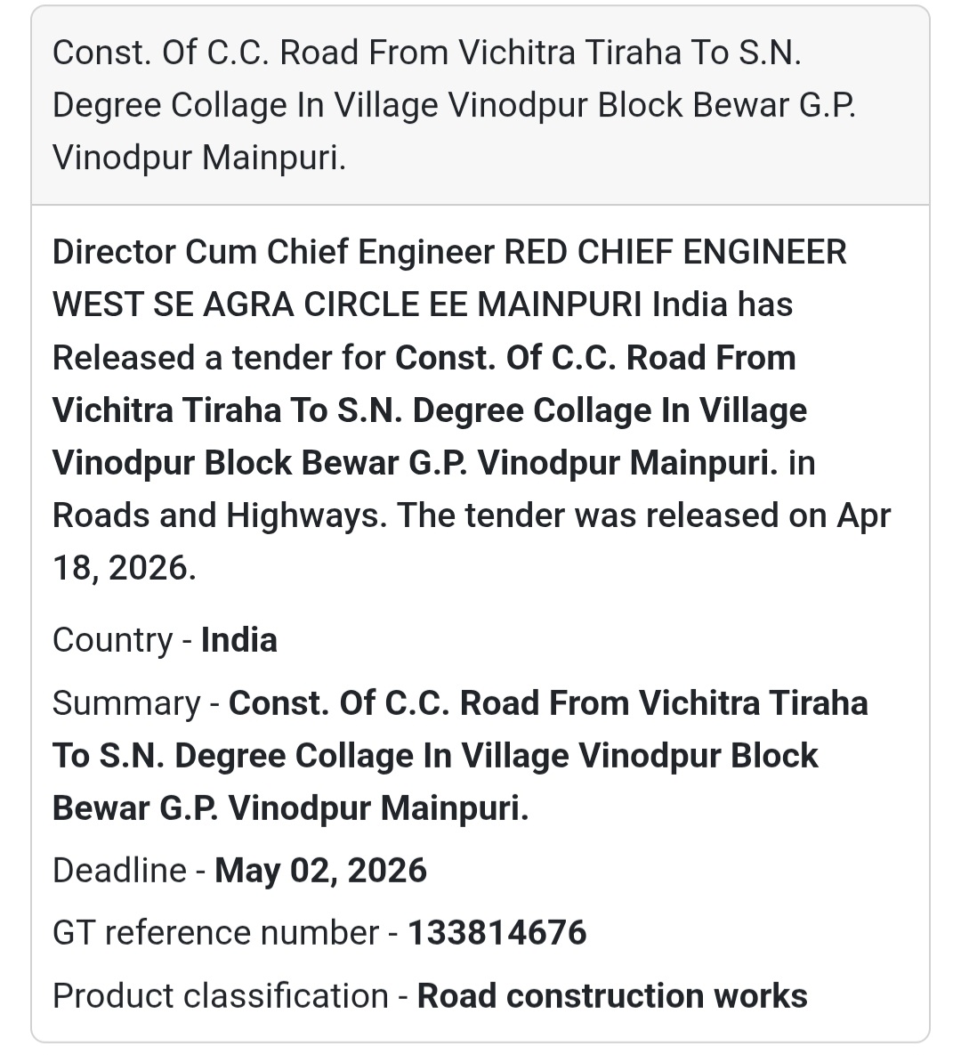🛣️ CC Road Work – Mainpuri