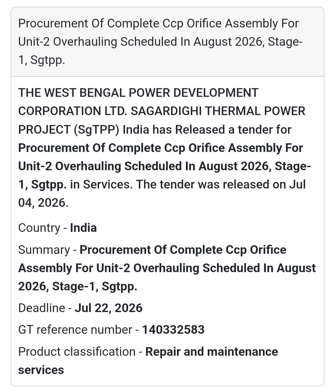 ⚙️ CCP Orifice Assembly Procurement |