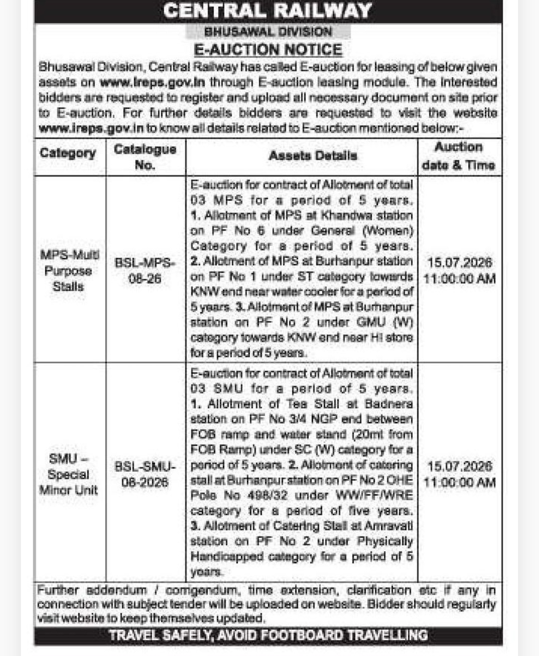 🚆 Central Railway Bhusawal Division – E-Auction Notice