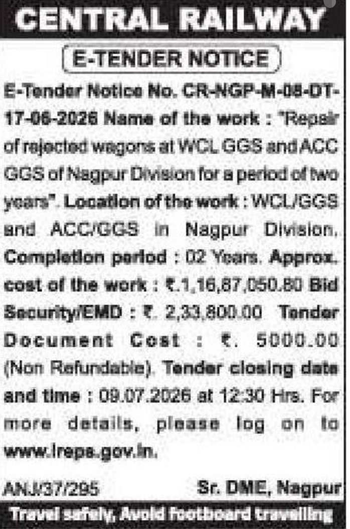 🚆 Central Railway e-Tender Notice – Wagon Repairs