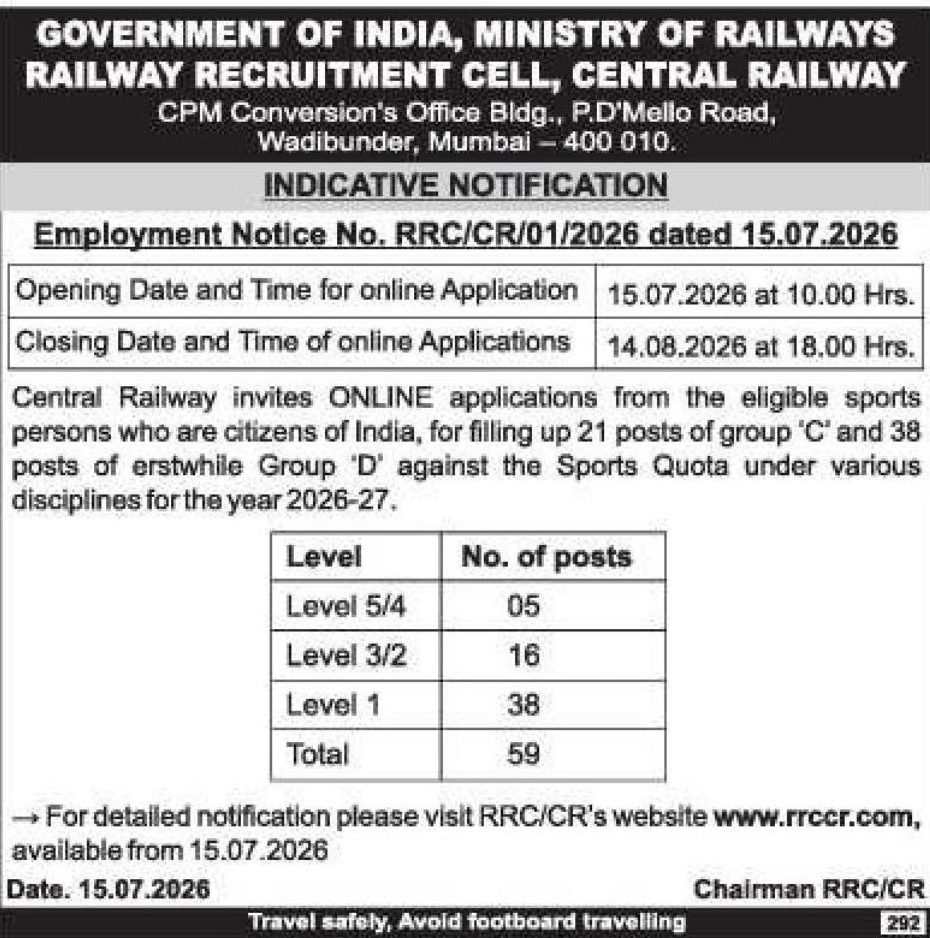 📢 Central Railway Recruitment – Sports Quota 2026–27